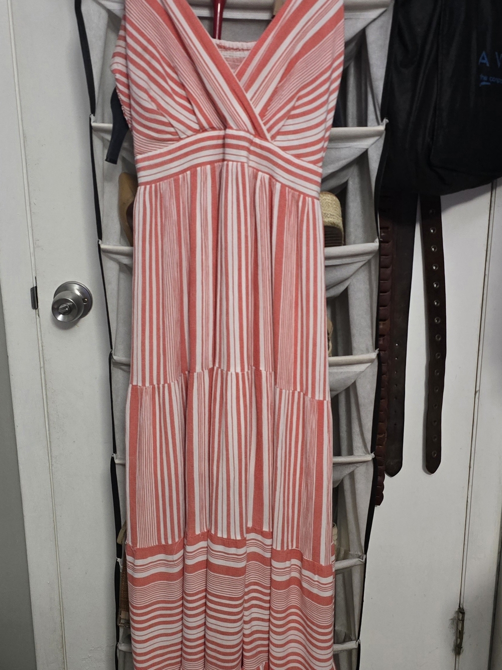 Coral and White Striped V-Neck Maxi Dress